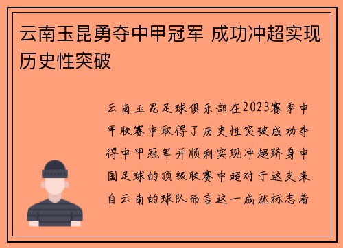 云南玉昆勇夺中甲冠军 成功冲超实现历史性突破