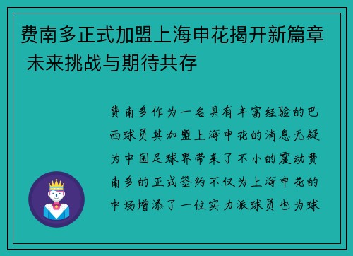费南多正式加盟上海申花揭开新篇章 未来挑战与期待共存